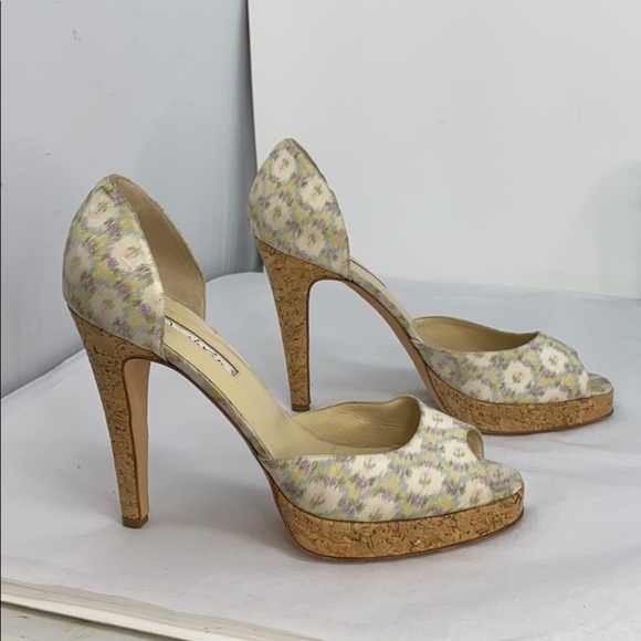 Oscar de la Renta Sz 39 Peep Toe Cork Heel D'orsay - Picture 2 of 12
